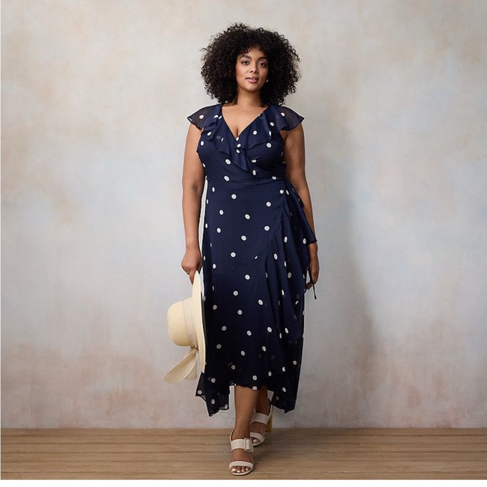 LC Lauren Conrad Asymmetrical Navy Dress with White Dots